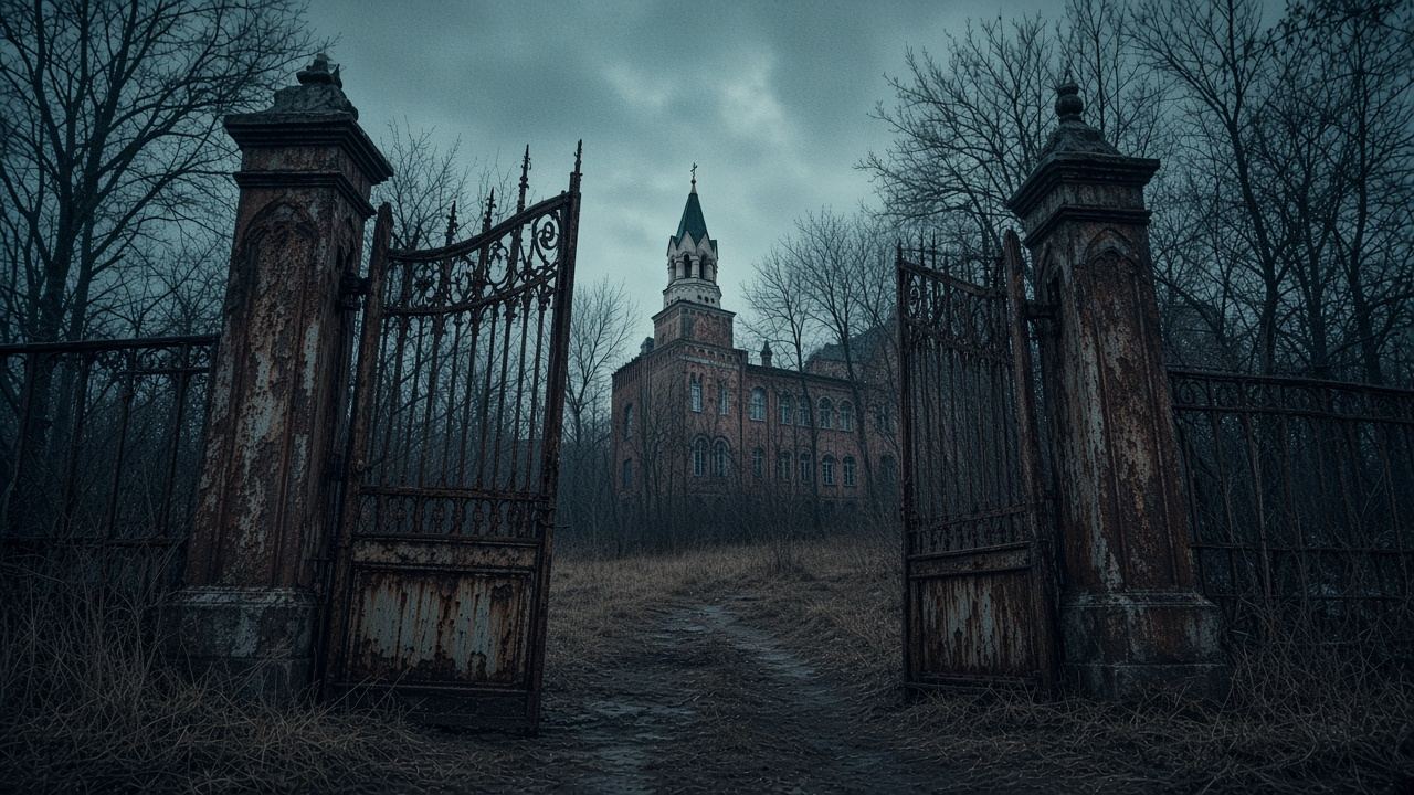 A cold blue-gray scene of an open rusted gate on a dirt path leading toward the asylum.